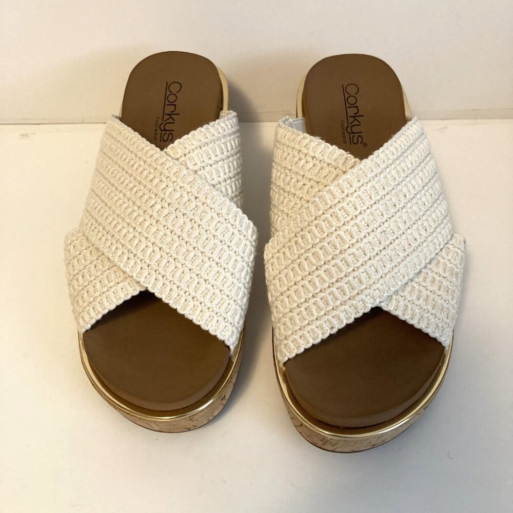 “Corkys Ivory Wedge Sandals • Crisscross Straps • Size 7 Like New”